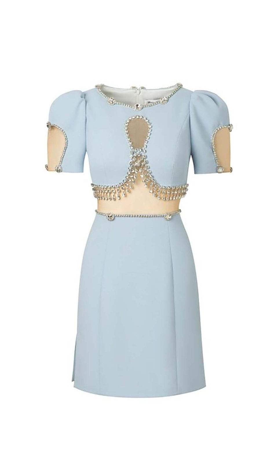 CRYSTAL TRIM CUTOUT MINI DRESS IN SKY BLUE