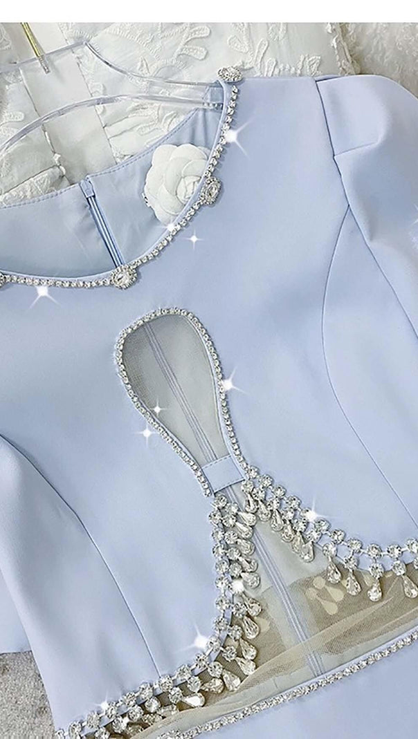 MINI ABITO CON RICAMI E CRISTALLI IN AZZURRO CIELO