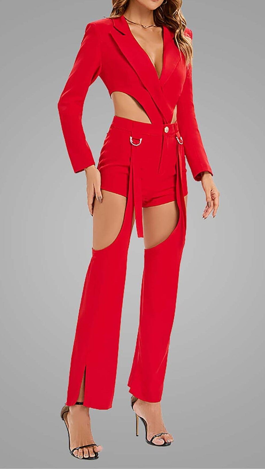 CUTOUT BACKLESS THREE PIECE SET IN RED