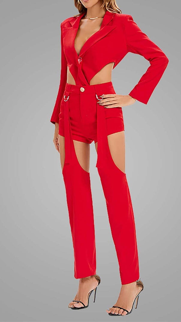 AIIZIE CUTOUT BACKLESS THREE PIECE SET IN RED - product image