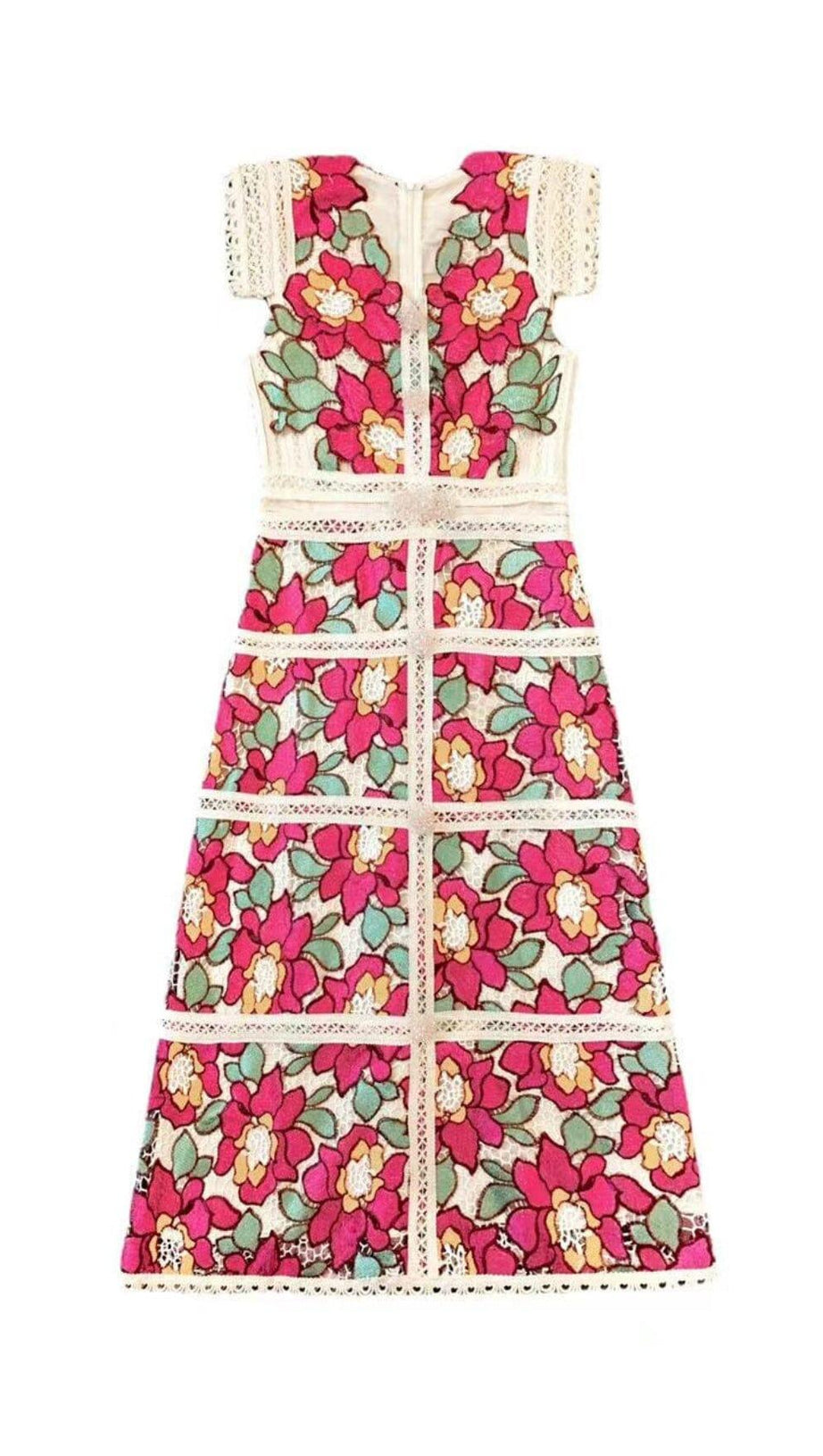 EMBROIDERY FLOWER MIDI DRESS IN RED