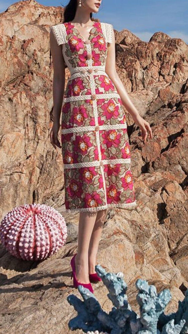 AIIZIE EMBROIDERY FLOWER MIDI DRESS IN RED - product image