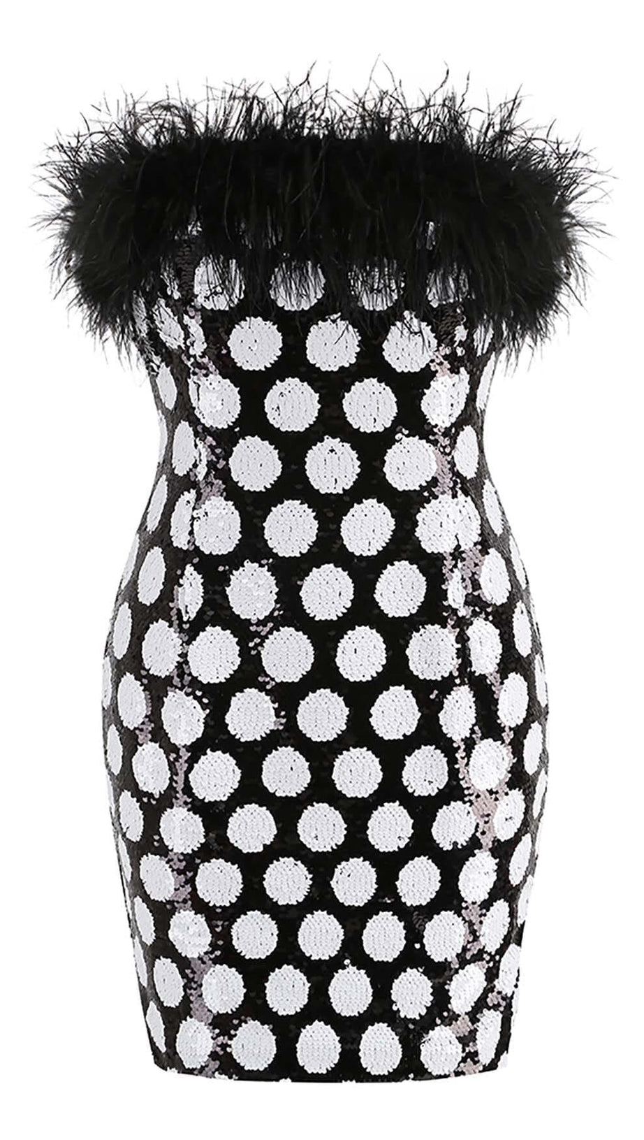FEATHER TRIM POLKA DOT MINI DRESS