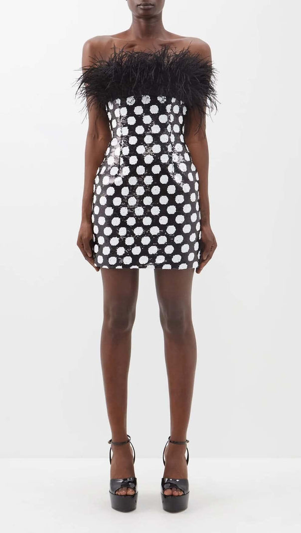 AIIZIE FEATHER TRIM POLKA DOT MINI DRESS - product image