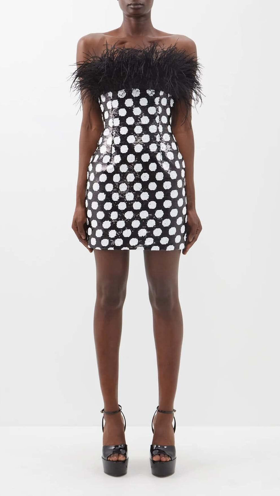 FEATHER TRIM POLKA DOT MINI DRESS
