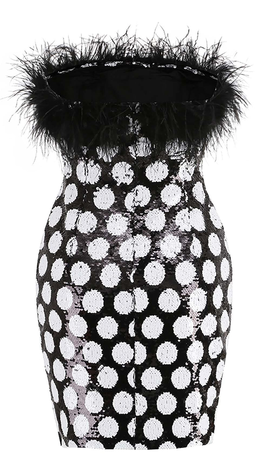 FEATHER TRIM POLKA DOT MINI DRESS