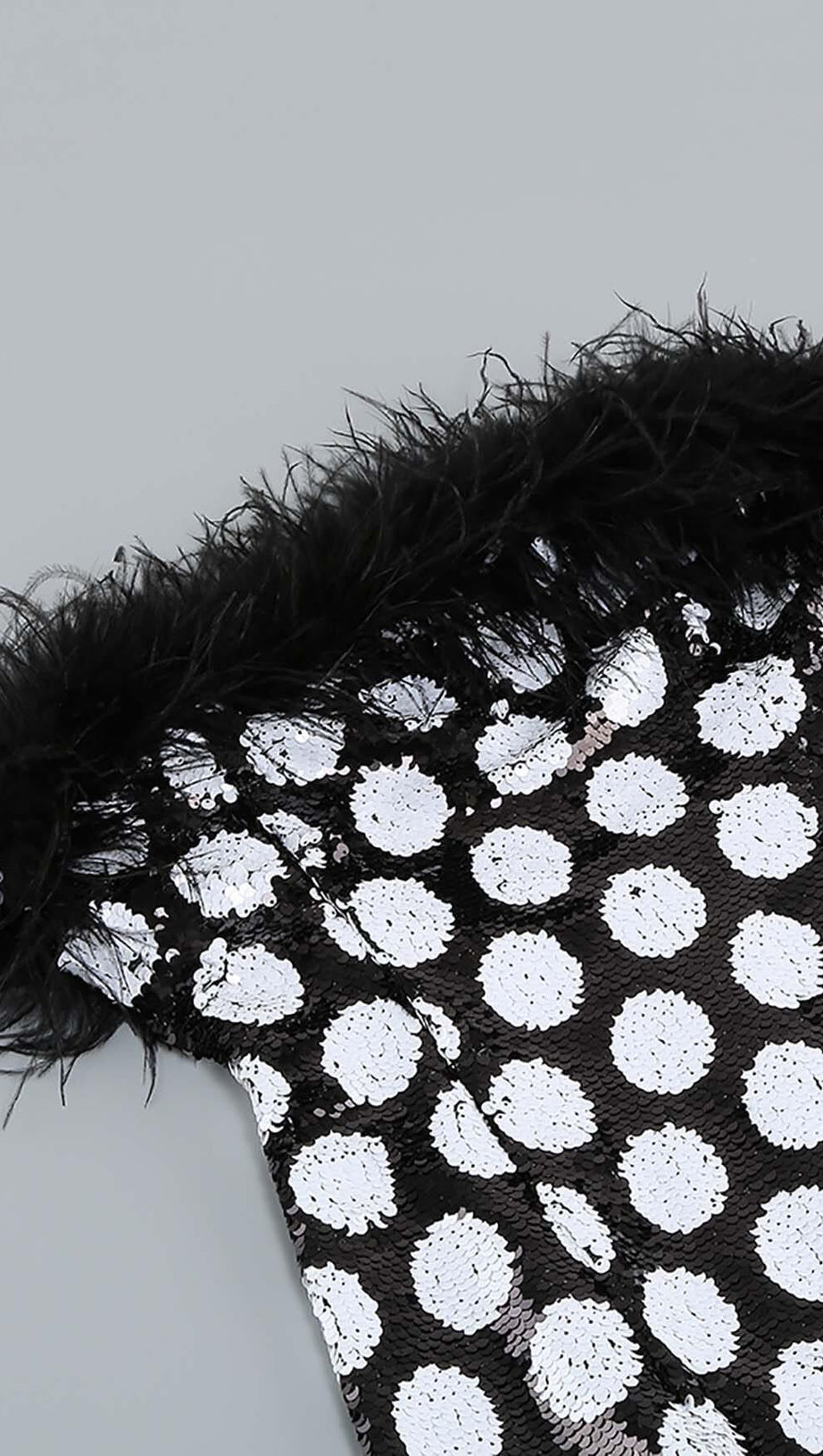 FEATHER TRIM POLKA DOT MINI DRESS