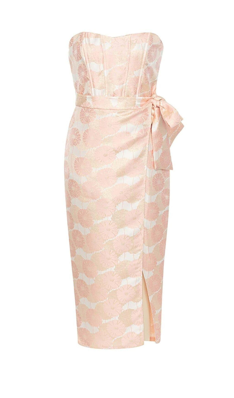 FLORAL CROSS KNOT SPLIT MIDI DRESS IN PINK