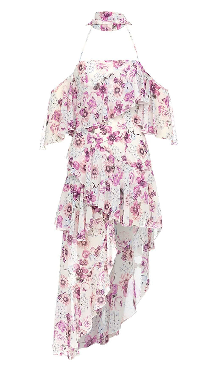 Neckholder-Kleid mit Blumenmuster, kalten Schultern und hohem, niedrigem Schnitt