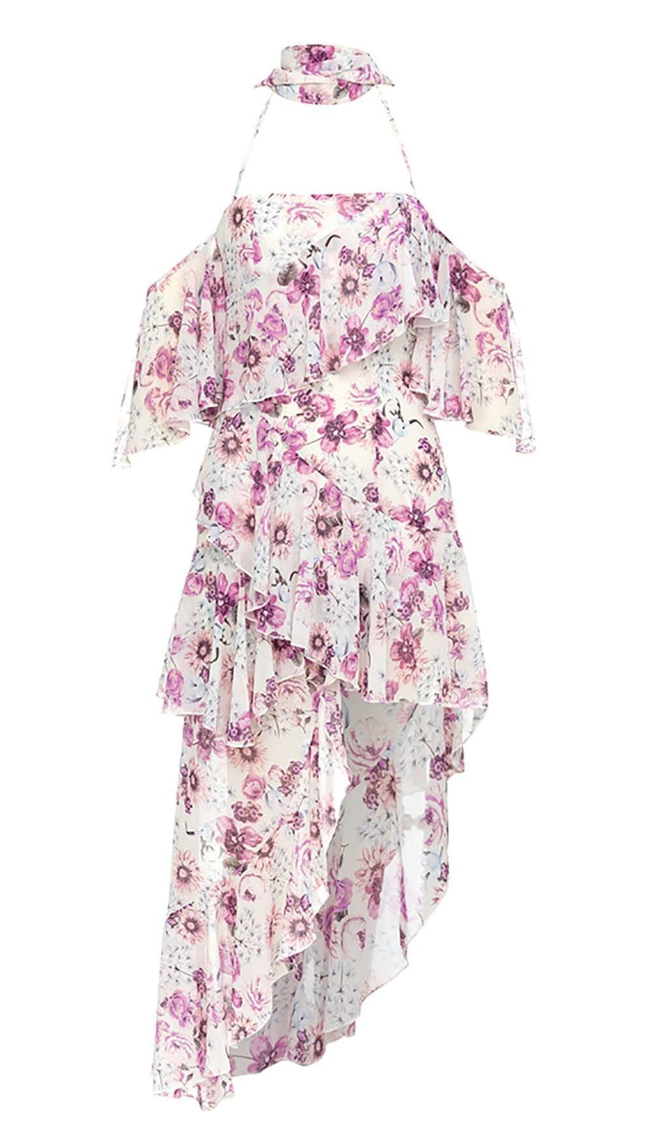FLORAL PRINT COLD SHOULDER HALTER HIGH LOW DRESS