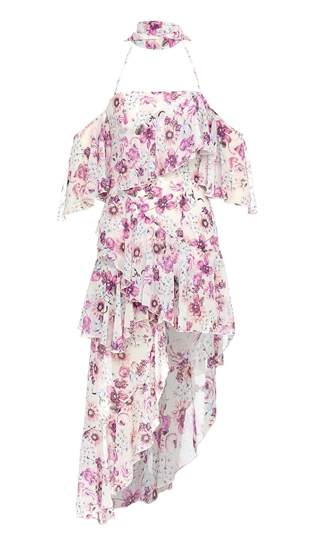 ABITO CON STAMPA FLOREALE, SPALLE SCOPERTE, SCOLLO ALTO E BASSO