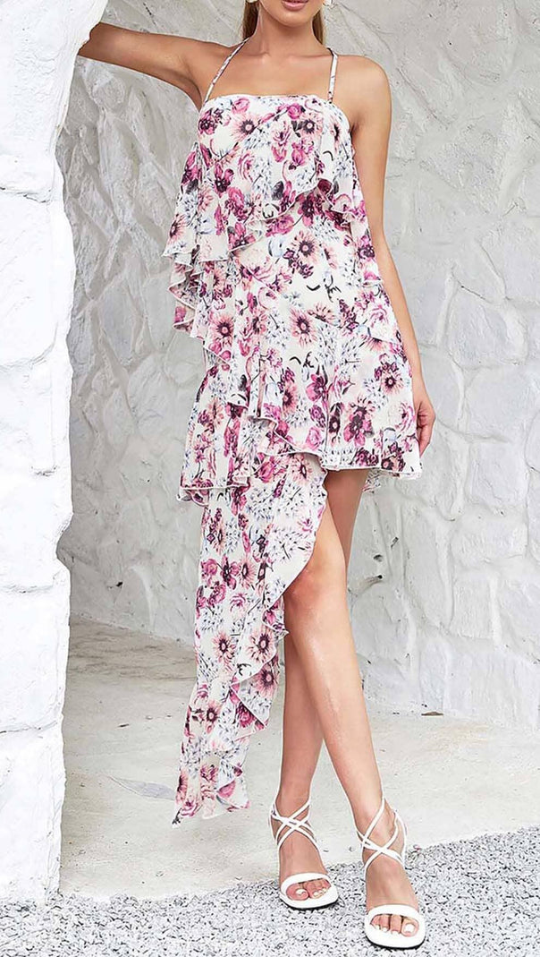 AIIZIE FLORAL PRINT COLD SHOULDER HALTER HIGH LOW DRESS - product image