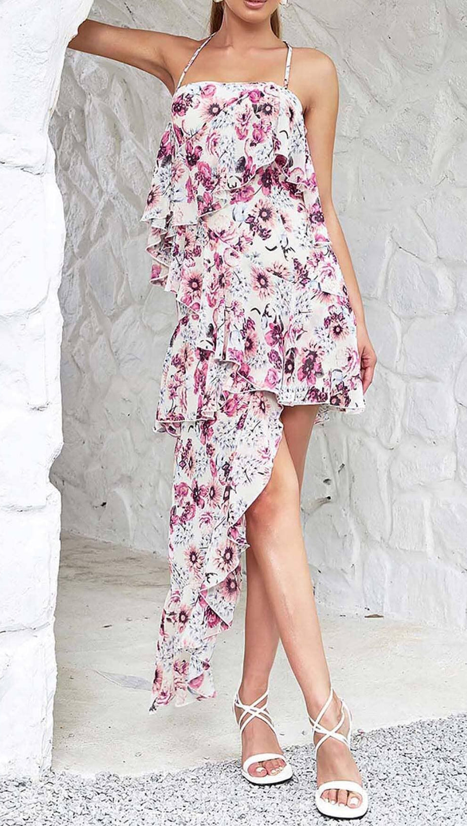 ABITO CON STAMPA FLOREALE, SPALLE SCOPERTE, SCOLLO ALTO E BASSO