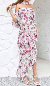 FLORAL PRINT COLD SHOULDER HALTER HIGH LOW DRESS