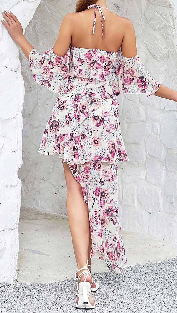 AIIZIE FLORAL PRINT COLD SHOULDER HALTER HIGH LOW DRESS - product image