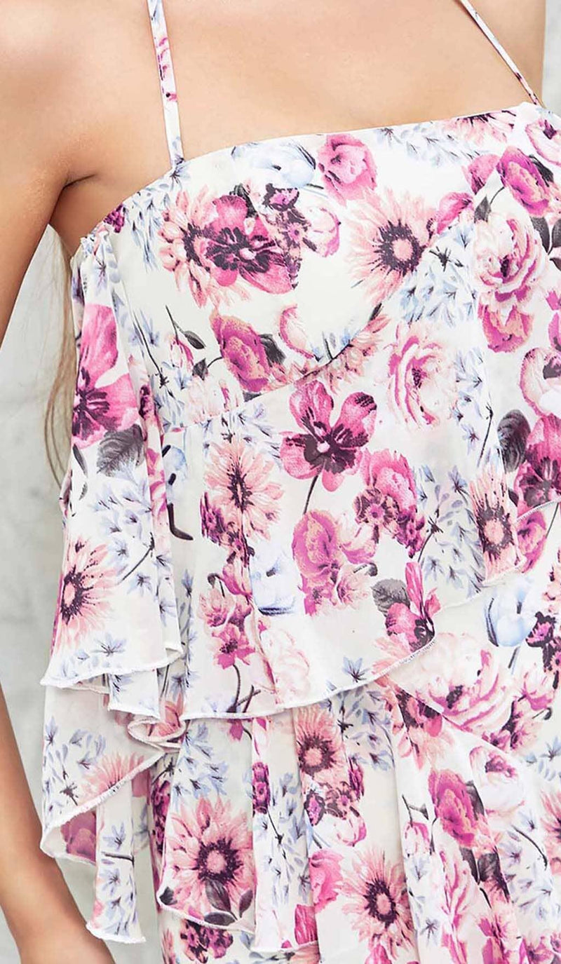 FLORAL PRINT COLD SHOULDER HALTER HIGH LOW DRESS