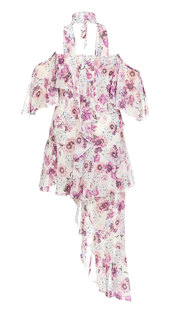 AIIZIE FLORAL PRINT COLD SHOULDER HALTER HIGH LOW DRESS - product image