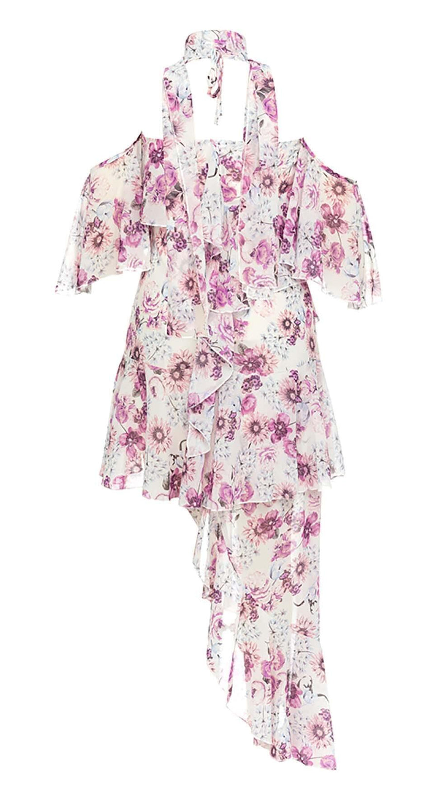 ABITO CON STAMPA FLOREALE, SPALLE SCOPERTE, SCOLLO ALTO E BASSO