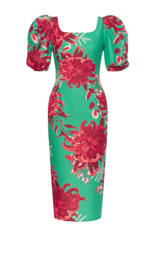 AIIZIE FLORAL PRINT PUFF SLEEVED OPEN BACK MIDI DRESS IN GREEN - product image