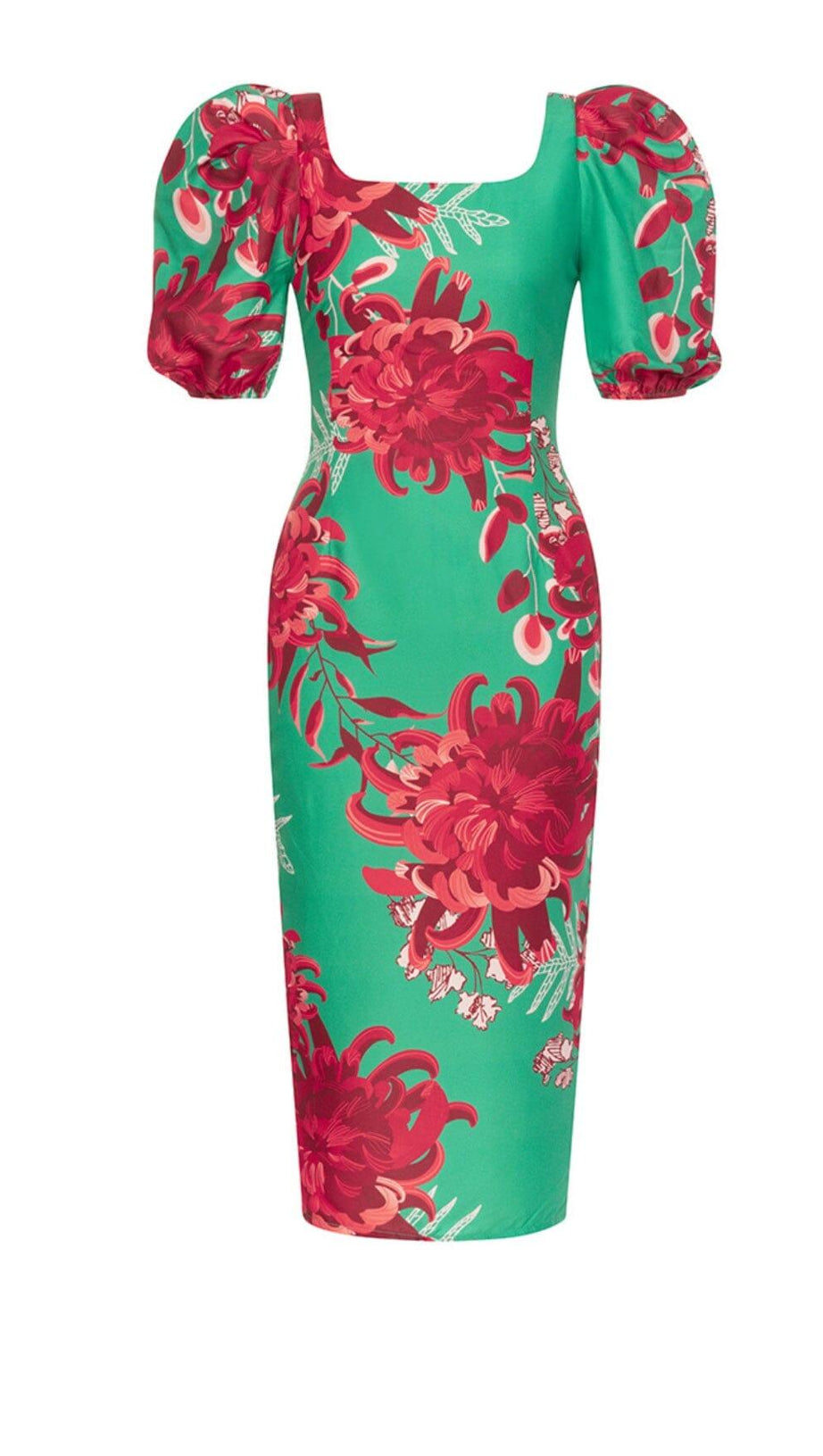 FLORAL PRINT PUFF SLEEVED OPEN BACK MIDI DRESS IN GREEN