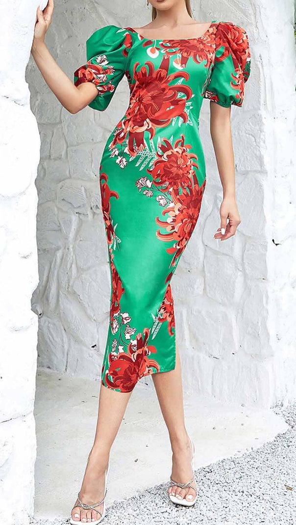 AIIZIE FLORAL PRINT PUFF SLEEVED OPEN BACK MIDI DRESS IN GREEN - product image