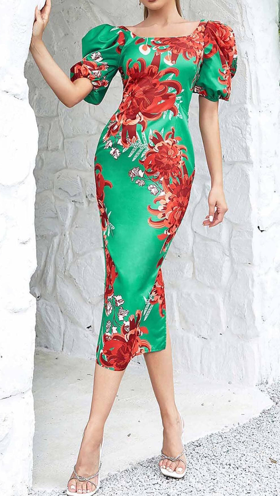 ABITO MIDI CON MANICHE A SBUFFO E SCHIENA APERTA, STAMPA FLOREALE, VERDE