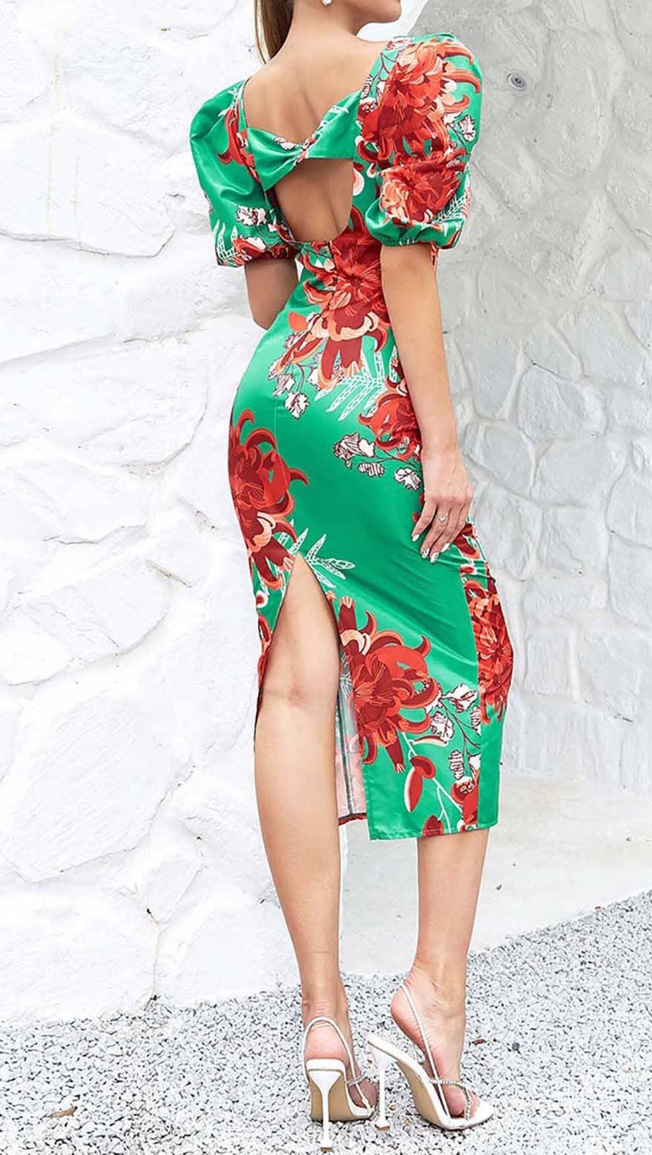 ABITO MIDI CON MANICHE A SBUFFO E SCHIENA APERTA, STAMPA FLOREALE, VERDE
