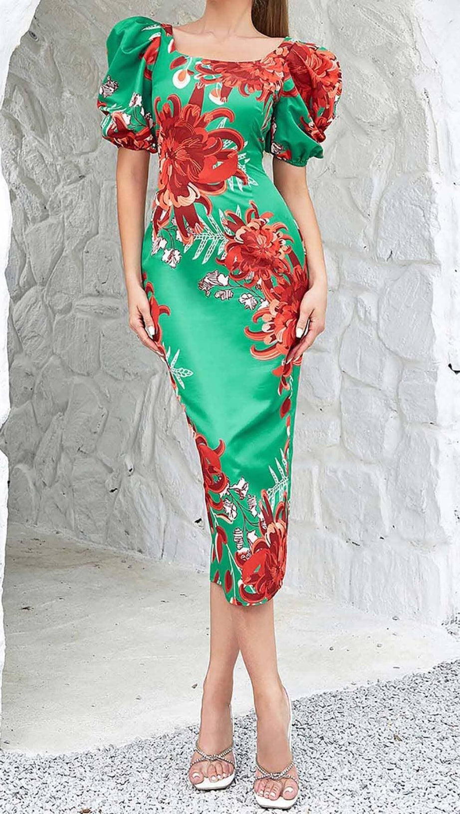 ABITO MIDI CON MANICHE A SBUFFO E SCHIENA APERTA, STAMPA FLOREALE, VERDE