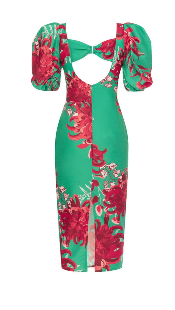 AIIZIE FLORAL PRINT PUFF SLEEVED OPEN BACK MIDI DRESS IN GREEN - product image