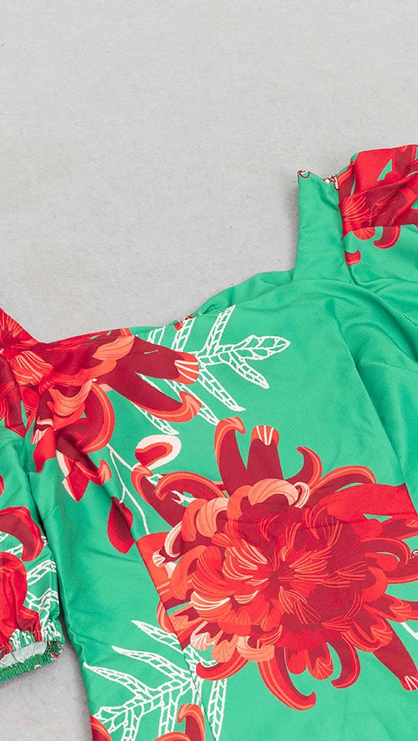 AIIZIE FLORAL PRINT PUFF SLEEVED OPEN BACK MIDI DRESS IN GREEN - product image
