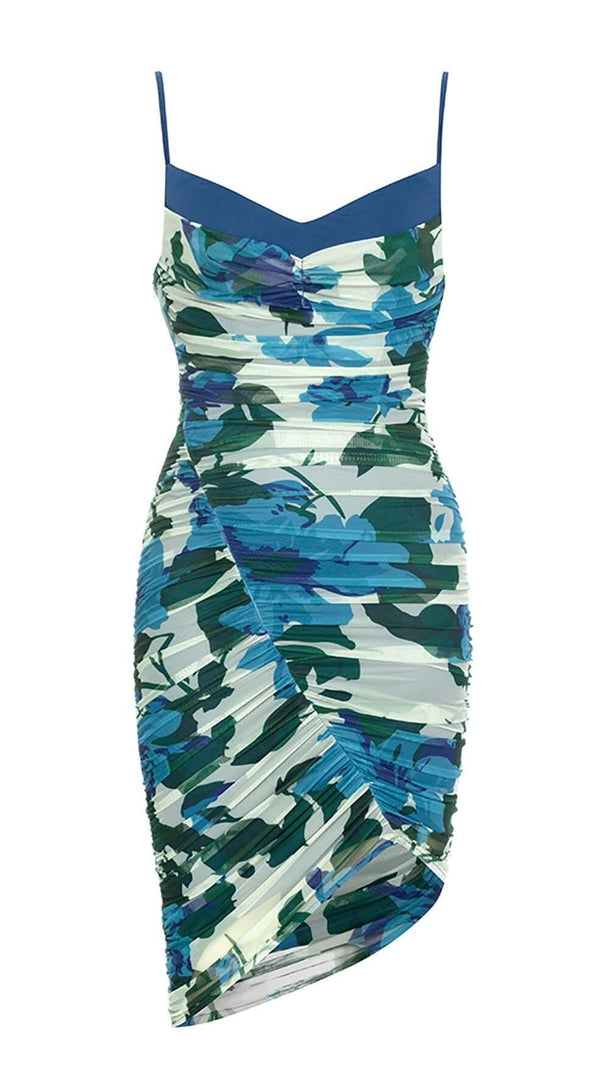 AIIZIE FLORAL PRINT RUCHED MINI DRESS IN BLUE - product image