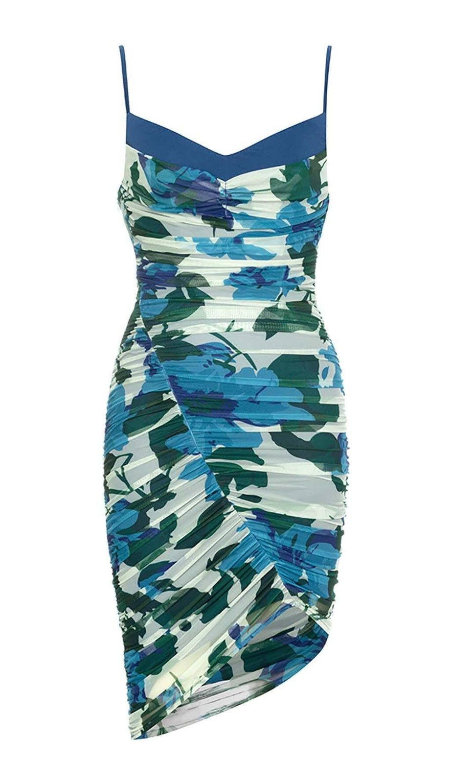 MINI ABITO BLU CON STAMPA FLOREALE E RUCHES