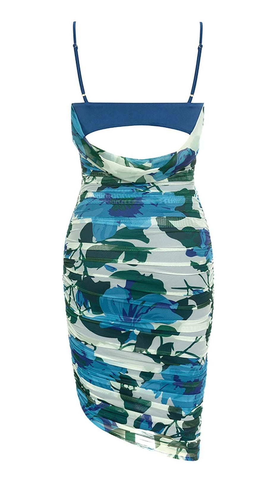 MINI ABITO BLU CON STAMPA FLOREALE E RUCHES