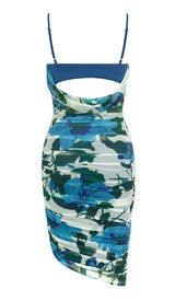 FLORAL PRINT RUCHED MINI DRESS IN BLUE