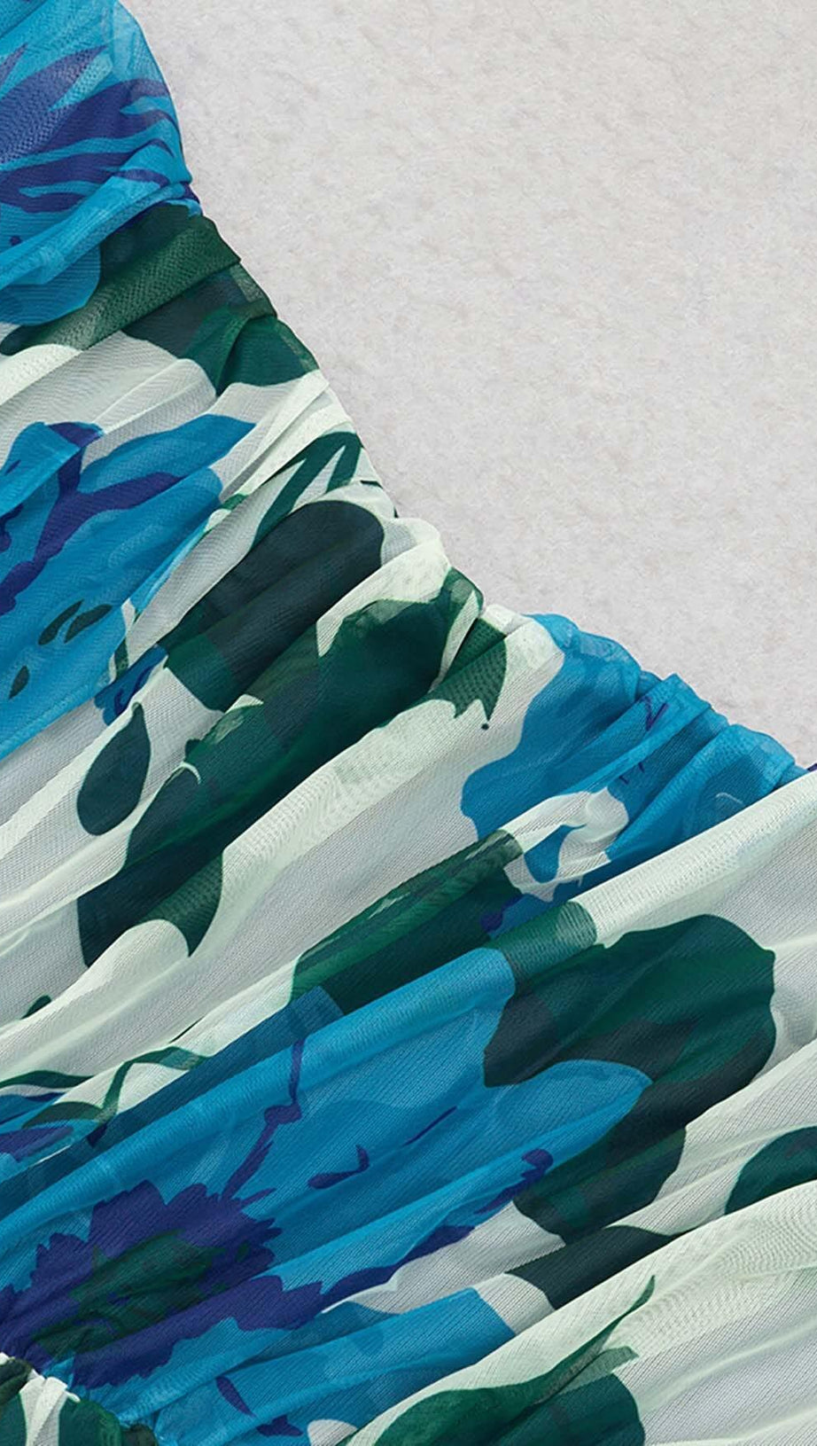 MINI ABITO BLU CON STAMPA FLOREALE E RUCHES