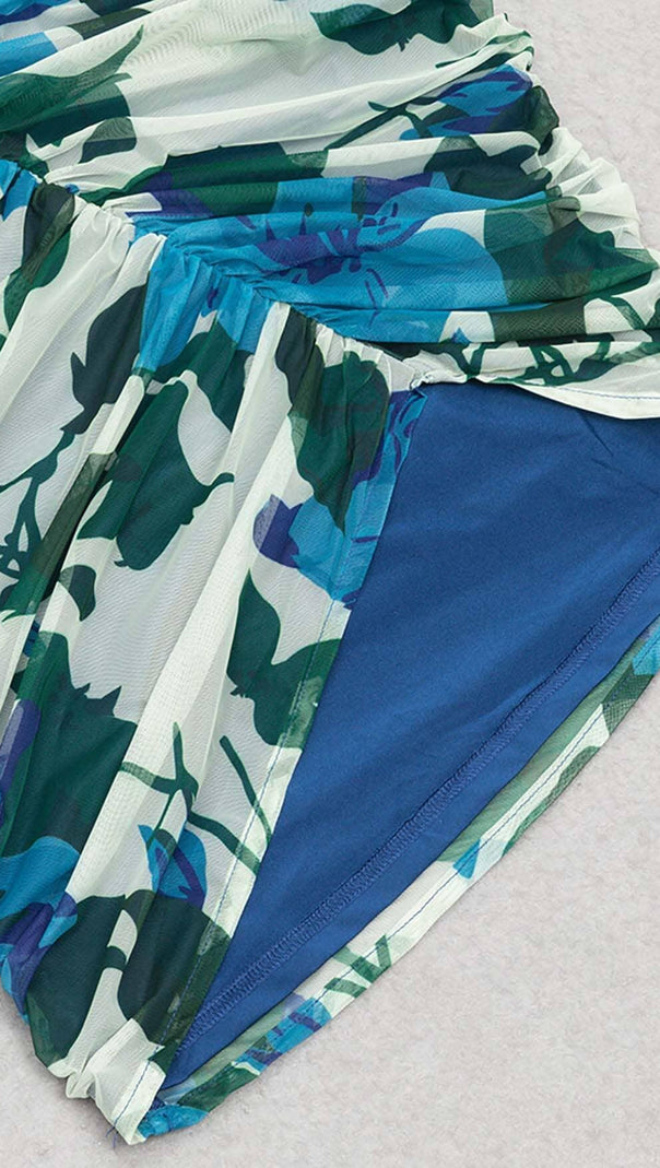 AIIZIE FLORAL PRINT RUCHED MINI DRESS IN BLUE - product image