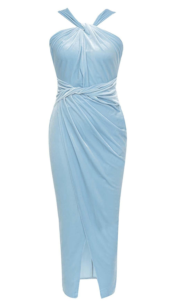 AIIZIE HALTER SATIN MIDI DRESS IN SKY BLUE - product image