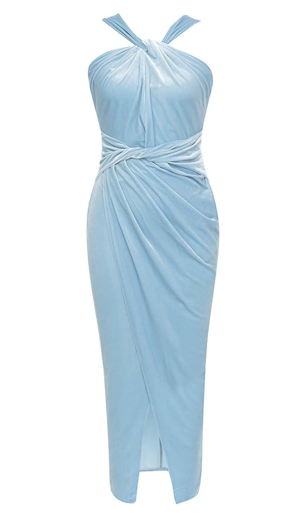 HALTER SATIN MIDI DRESS IN SKY BLUE