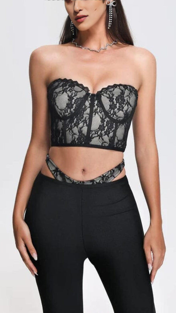 AIIZIE LACE CUTOUT FLARE TWO PIECE SET IN BLACK - product image