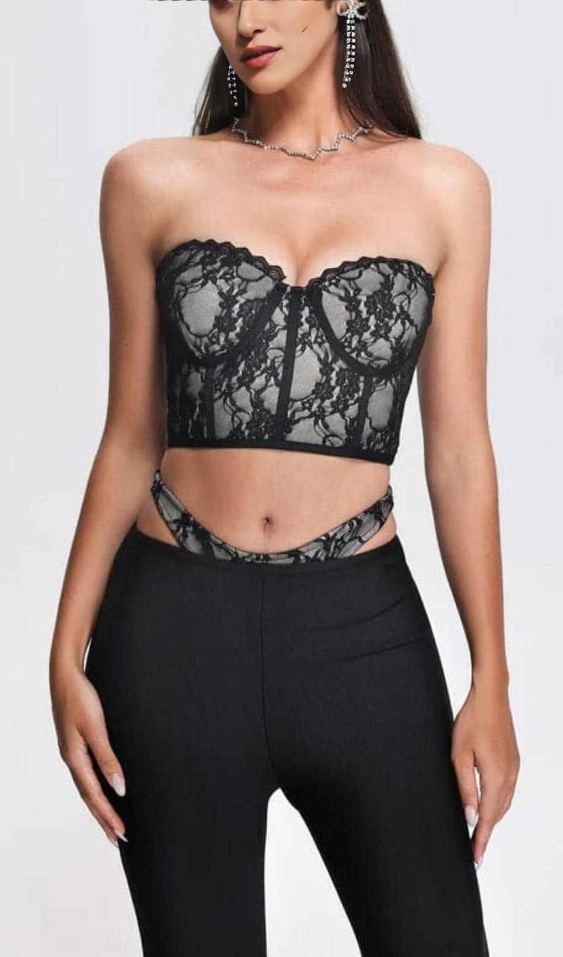 LACE CUTOUT FLARE TWO PIECE SET IN BLACK