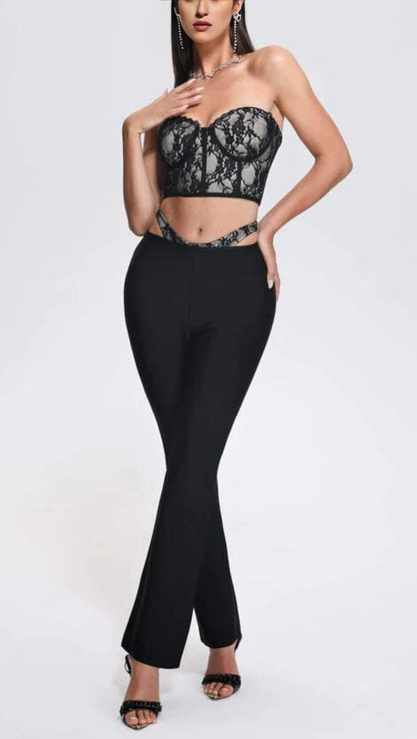 AIIZIE LACE CUTOUT FLARE TWO PIECE SET IN BLACK - product image