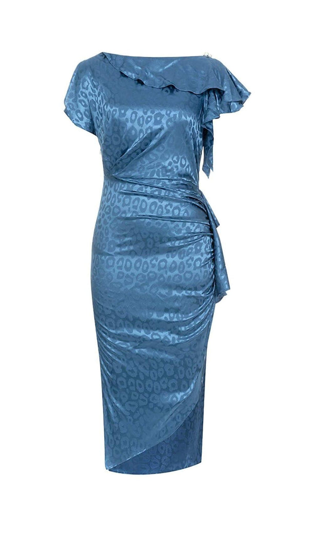AIIZIE LEOPARD JACQUARD RUFFLE TRIM MIDI DRESS IN DARK BLUE - product image