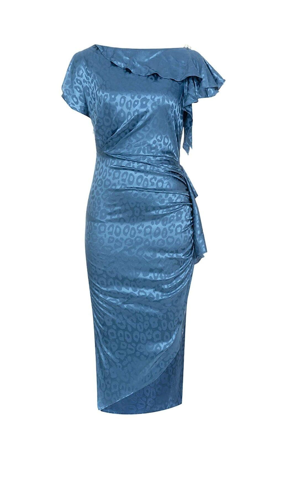 MIDIKLEID MIT LEOPARDEN-JACQUARD-RÜSCHENBESATZ IN DUNKELBLAU