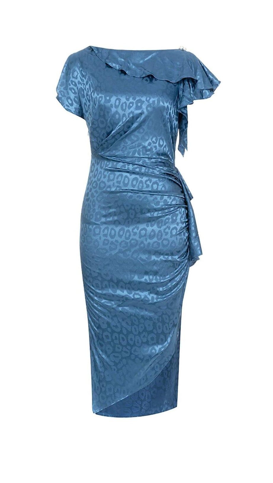 MIDIKLEID MIT LEOPARDEN-JACQUARD-RÜSCHENBESATZ IN DUNKELBLAU