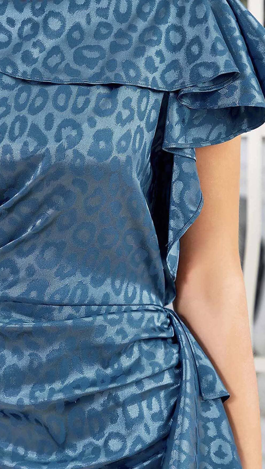 LEOPARD JACQUARD RUFFLE TRIM MIDI DRESS IN DARK BLUE