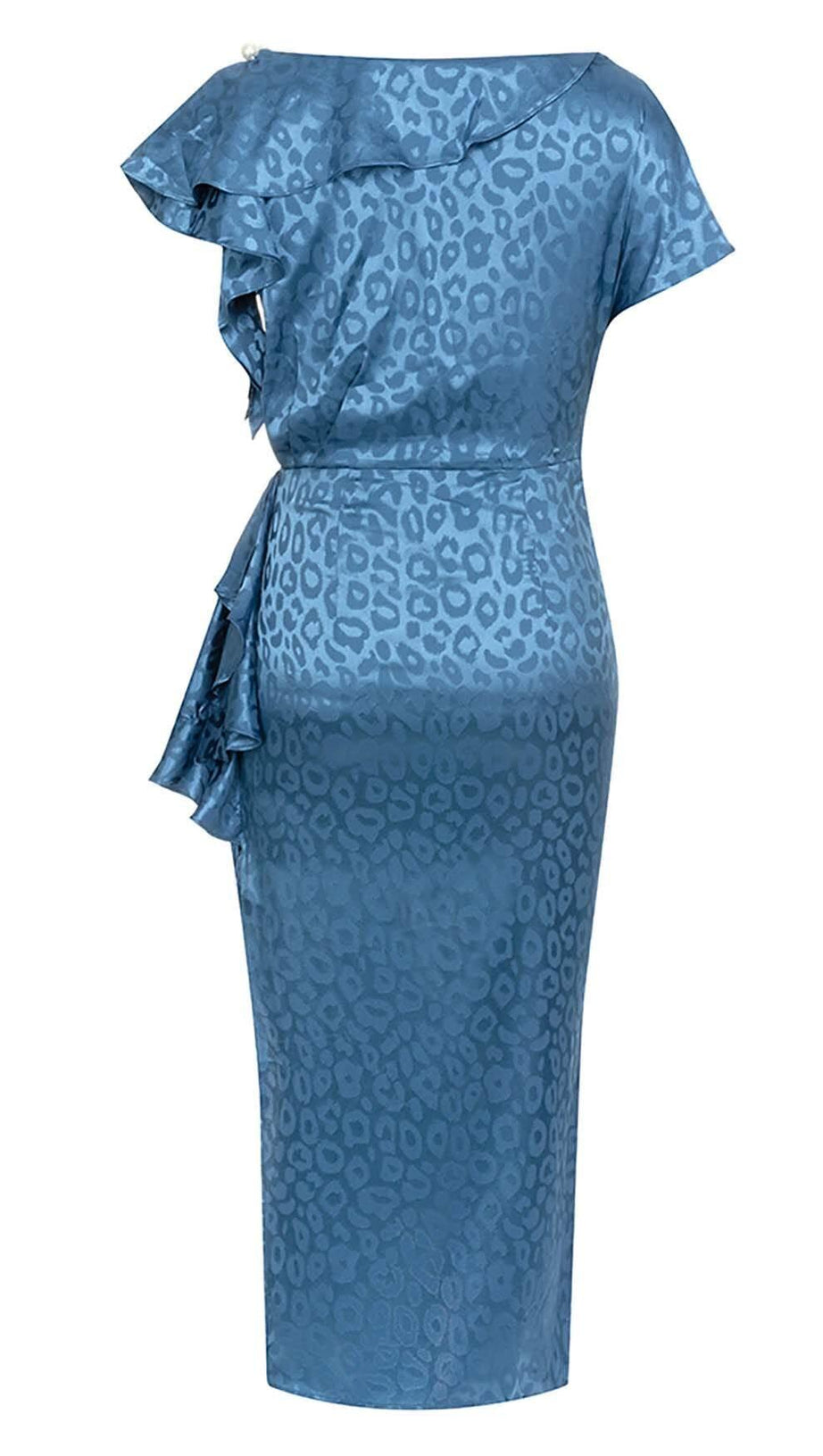 LEOPARD JACQUARD RUFFLE TRIM MIDI DRESS IN DARK BLUE