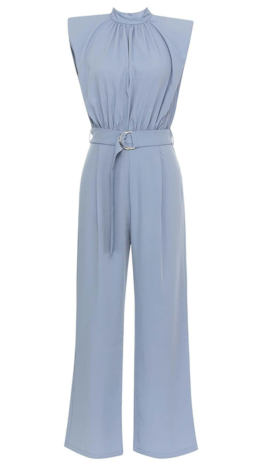 MOCK-NECK BELTED JUMPSUIT IN BLUE