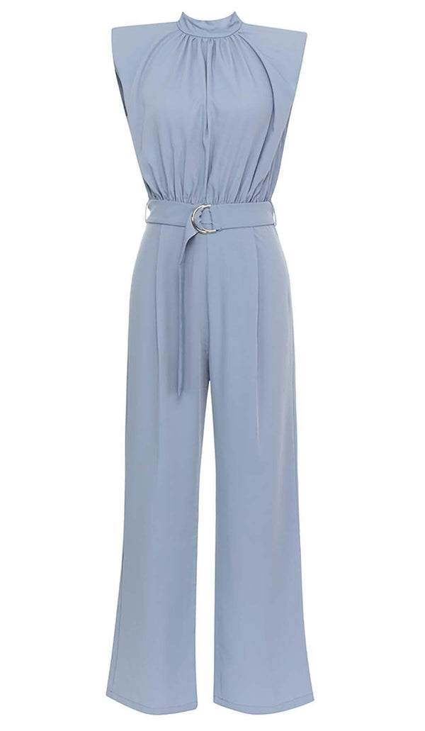 MOCK-NECK BELTED JUMPSUIT IN BLUE