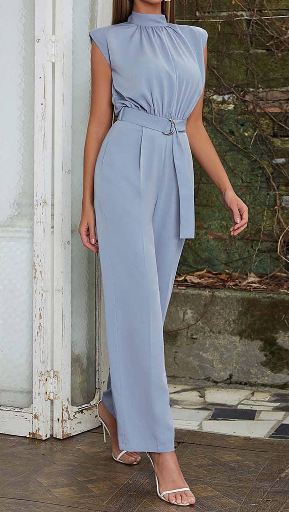 MOCK-NECK BELTED JUMPSUIT IN BLUE