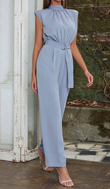 MOCK-NECK BELTED JUMPSUIT IN BLUE